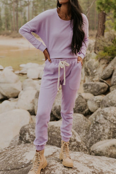 Waffle Knit Long Sleeve Top and Drawstring Pants Set S-XL