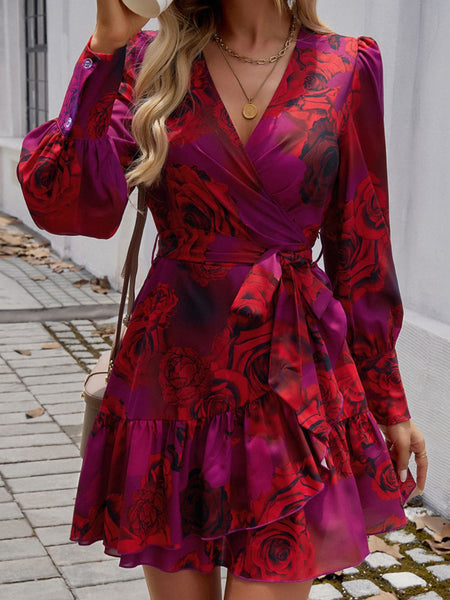 Devine Ruffled Printed Surplice Long Sleeve Mini Dress S-XL