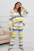 Striped Round Neck Long Sleeve Top and Drawstring Pants Lounge Set S-XL