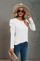 Waffle-Knit Puff Sleeve Round Neck Top S-2XL