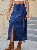 Slit Pocketed High Waist Denim Skirt S-2XL