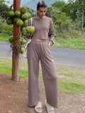 Waffle-Knit Round Neck Top and Pants Set S-XL