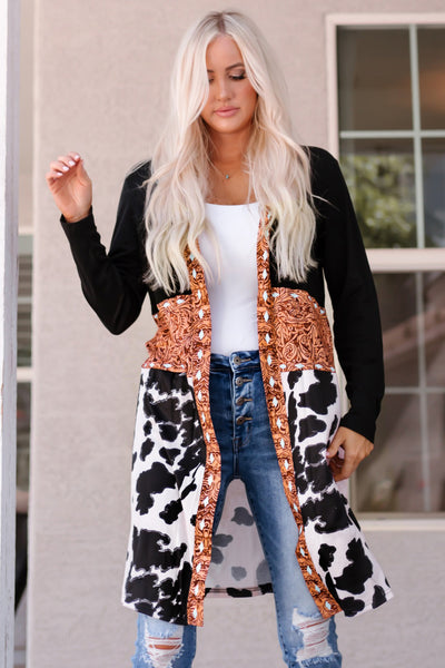 Printed Color Block Open Front Cardigan S-XL