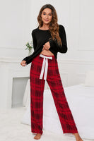 Round Neck Long Sleeve Top and Bow Plaid Pants Lounge Set S-XL