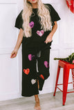 Heart Sequin Short Sleeve Top and Drawstring Pants Lounge Set S-2XL