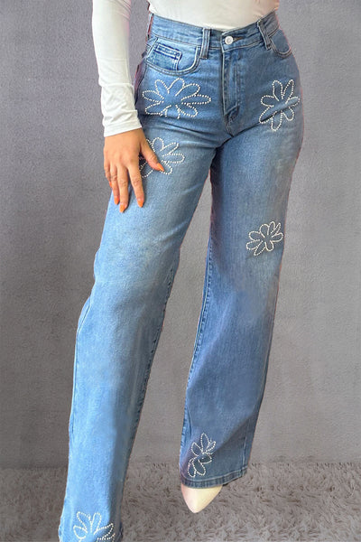 Rhinestone Straight Jeans with Pockets Sizes 6-16