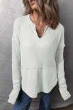 Waffle-Knit Exposed Seam Notched Long Sleeve Top S-2XL