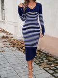 Striped V-Neck Long Sleeve Sweater Dress S-XL