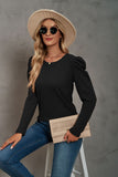 Waffle-Knit Puff Sleeve Round Neck Top S-2XL