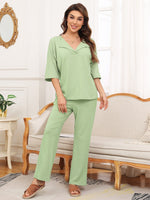 Ribbed Half Sleeve Top and Pocketed Pants Set S-2XL