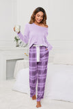 Round Neck Long Sleeve Top and Bow Plaid Pants Lounge Set S-XL