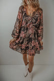 Printed Tie Neck Long Sleeve Mini Dress S-XL