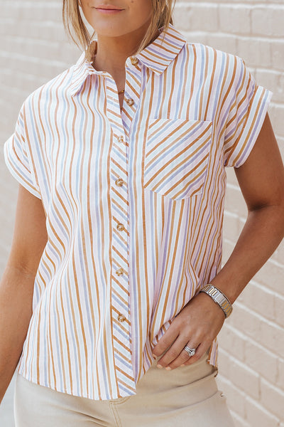 Pocketed Striped Collared Neck Short Sleeve Shirt S-XL