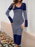 Striped V-Neck Long Sleeve Sweater Dress S-XL