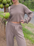 Waffle-Knit Round Neck Top and Pants Set S-XL