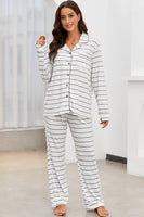 Striped V-Neck Long Sleeve Top and Pants Lounge Set S-XL