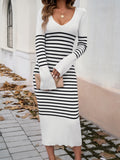 Striped V-Neck Long Sleeve Sweater Dress S-XL