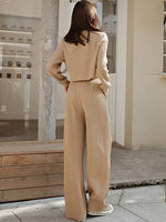 Waffle-Knit Round Neck Top and Pants Set S-XL