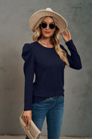 Waffle-Knit Puff Sleeve Round Neck Top S-2XL