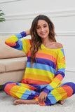 Striped Round Neck Long Sleeve Top and Drawstring Pants Lounge Set S-XL