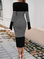 Striped V-Neck Long Sleeve Sweater Dress S-XL