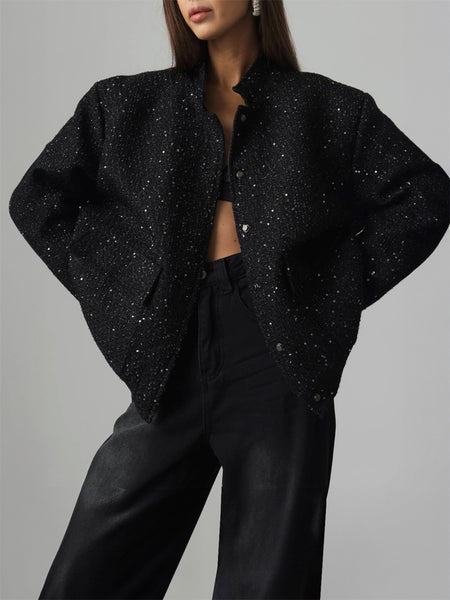 Sequin Detail Pocketed Long Sleeve Jacket S-L