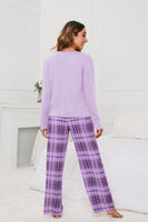 Round Neck Long Sleeve Top and Bow Plaid Pants Lounge Set S-XL