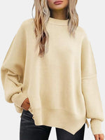 Round Neck Drop Shoulder Slit Sweater S-XL