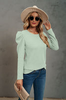 Waffle-Knit Puff Sleeve Round Neck Top S-2XL