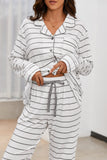 Striped V-Neck Long Sleeve Top and Pants Lounge Set S-XL