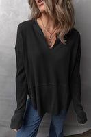 Waffle-Knit Exposed Seam Notched Long Sleeve Top S-2XL