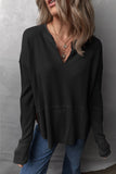 Waffle-Knit Exposed Seam Notched Long Sleeve Top S-2XL