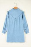 Button Up Notched Long Sleeve Denim Dress S-XL