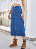 Slit Midi Denim Skirt with Pockets S-2XL