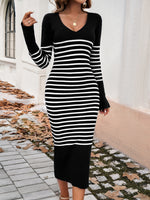 Striped V-Neck Long Sleeve Sweater Dress S-XL