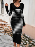 Striped V-Neck Long Sleeve Sweater Dress S-XL