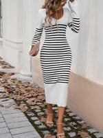 Striped V-Neck Long Sleeve Sweater Dress S-XL