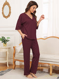 Ribbed Half Sleeve Top and Pocketed Pants Set S-2XL