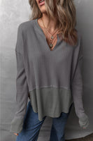 Waffle-Knit Exposed Seam Notched Long Sleeve Top S-2XL