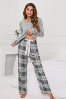 Round Neck Long Sleeve Top and Bow Plaid Pants Lounge Set S-XL