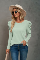 Waffle-Knit Puff Sleeve Round Neck Top S-2XL