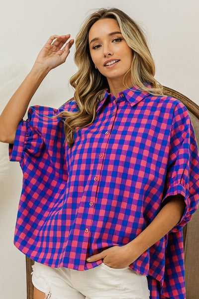 Plaid Button Up Dolman Sleeve Shirt S-XL