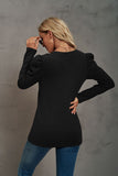 Waffle-Knit Puff Sleeve Round Neck Top S-2XL