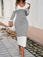 Striped V-Neck Long Sleeve Sweater Dress S-XL