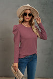 Waffle-Knit Puff Sleeve Round Neck Top S-2XL