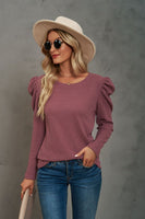 Waffle-Knit Puff Sleeve Round Neck Top S-2XL