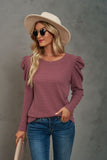 Waffle-Knit Puff Sleeve Round Neck Top S-2XL