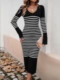 Striped V-Neck Long Sleeve Sweater Dress S-XL