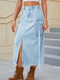 Slit Pocketed High Waist Denim Skirt S-2XL