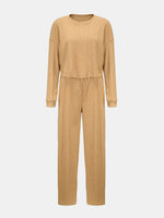 Waffle-Knit Round Neck Top and Pants Set S-XL